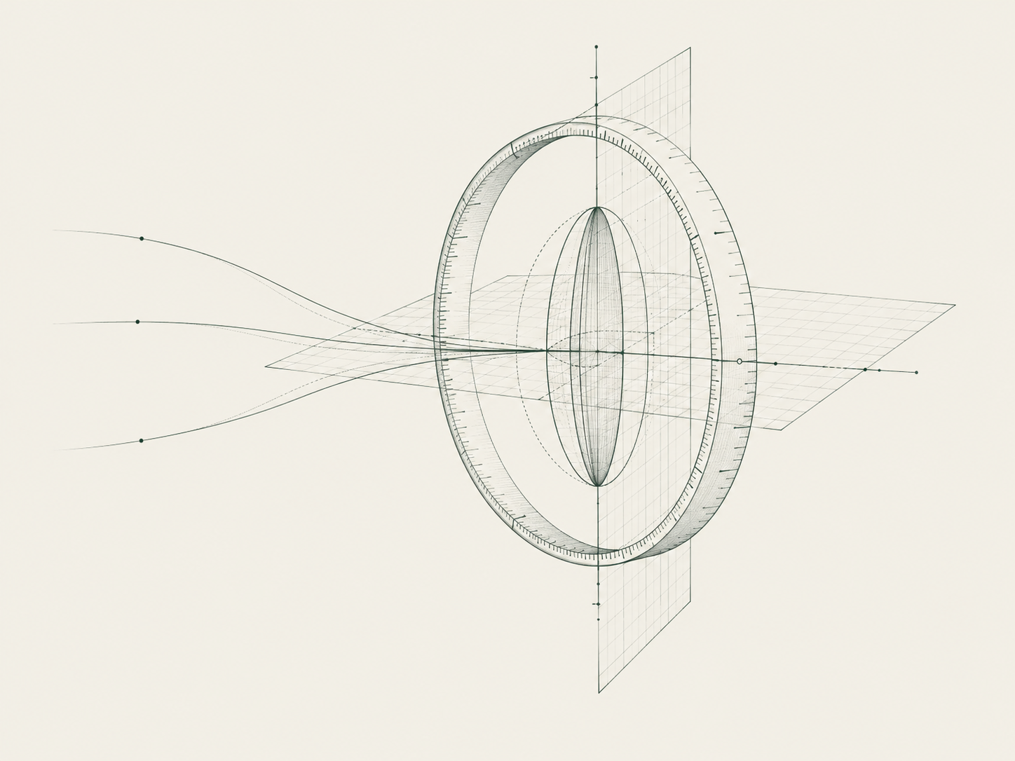An original fine-line scientific study of data planes flowing through a calibrated observation instrument